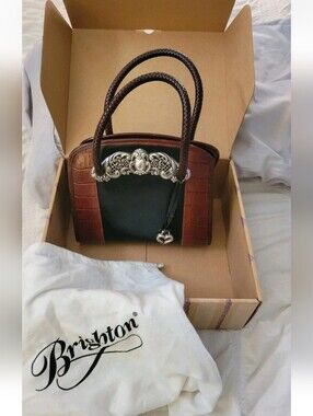 Vintage Brighton Chantilly Black Leather Brown Croc Satchel Handbag Regal Heart